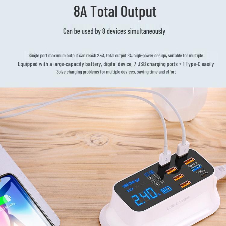 Многопортовое USB-зарядное устройство с быстрой зарядкой PD, цифровым дисплеем, 8 портами и несколькими интерфейсами