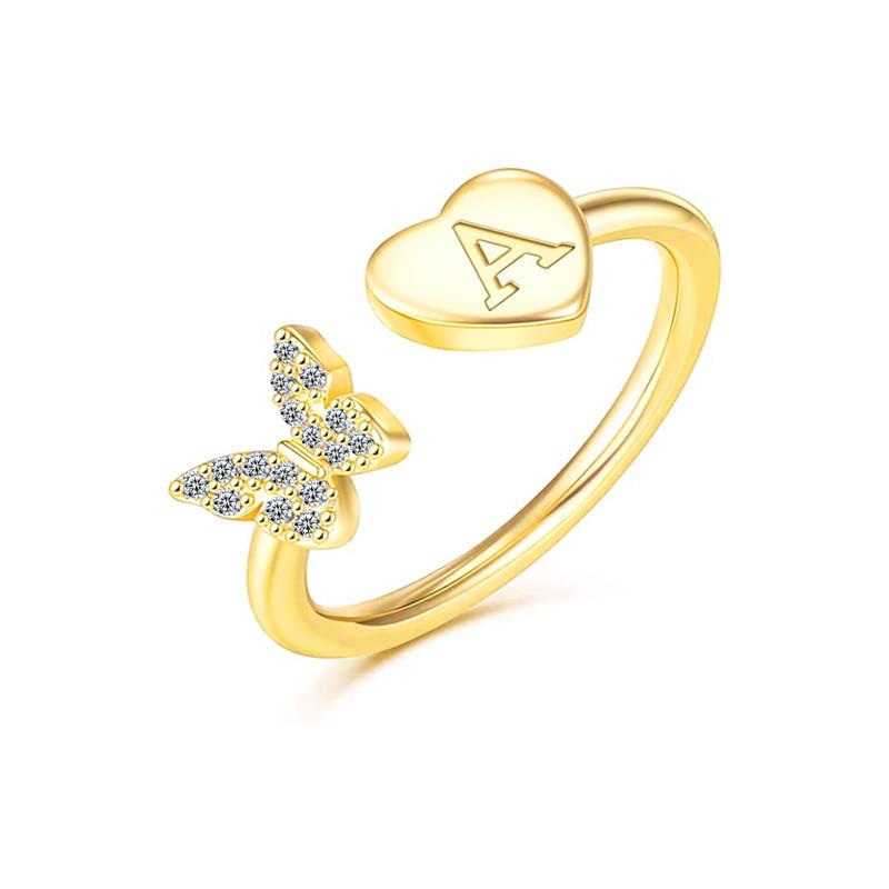 Цвет желтого золота 26 английских букв Love Heart CZ циркон открывающиеся кольца в стиле бабочки регулируемые кольца ювелирные изделия