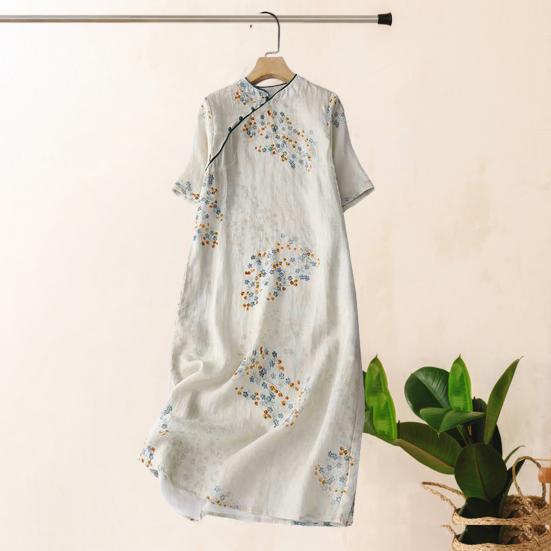 Vintage Floral Print Midi Cheongsam Qipao Dress for Women Loose Short Sleeve Chinese Style Dress with Pockets for Wedding