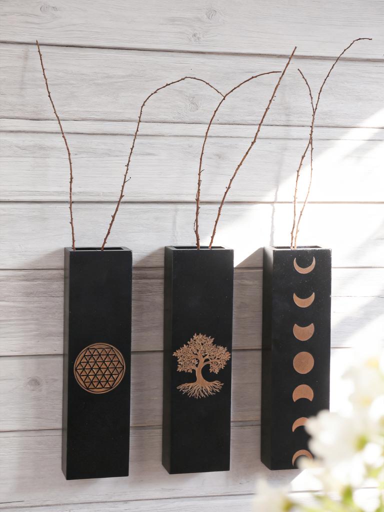 Boho Wall-Mounted Vase Black Wooden Planter with Moon Phase, Tree of Life & Flower of Life Design Home Decor Wall Hanging Gifts