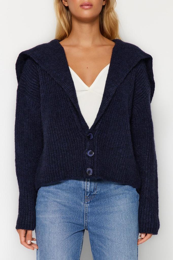 Женский элегантный кардиган, темно-синий, мягкий текстурированный трикотаж с воротником-бассейном, кардиган
