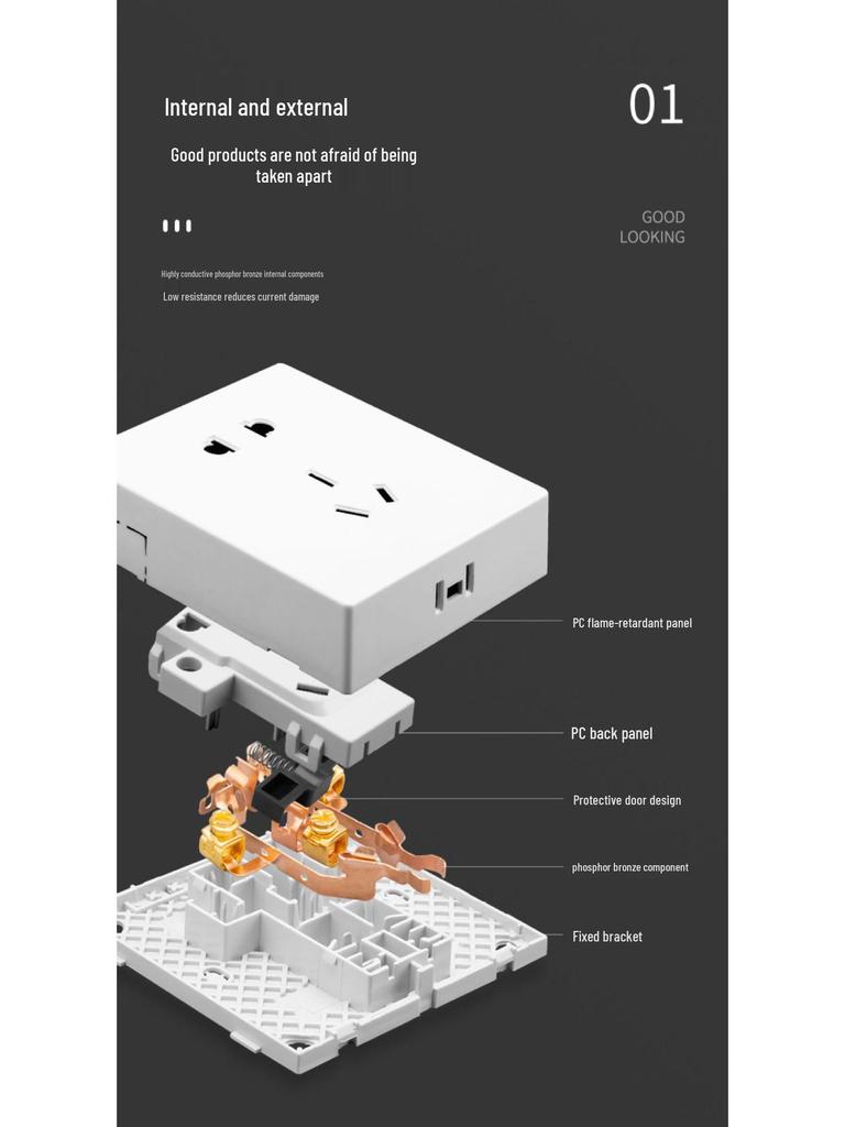 Двухклавишный настенный выключатель и панель розетки типа 86 с открытой проводкой и пятью отверстиями