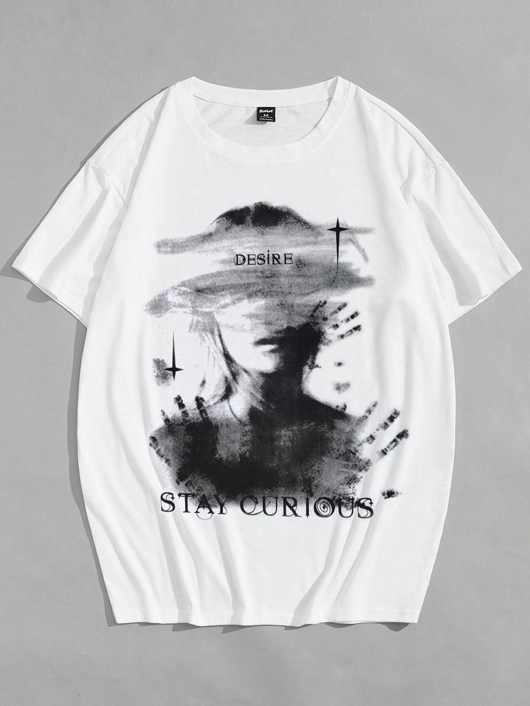 ROMWE Гранж Панк Мужская футболка большого размера с принтом портрета