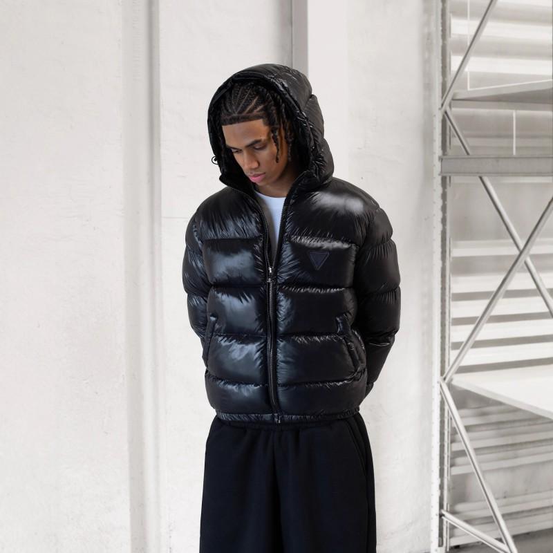 Mens Winter Hooded Puffer Jacket Thick Warm Embroidered Triangle Label Cotton Coat Daily Urban Fashion