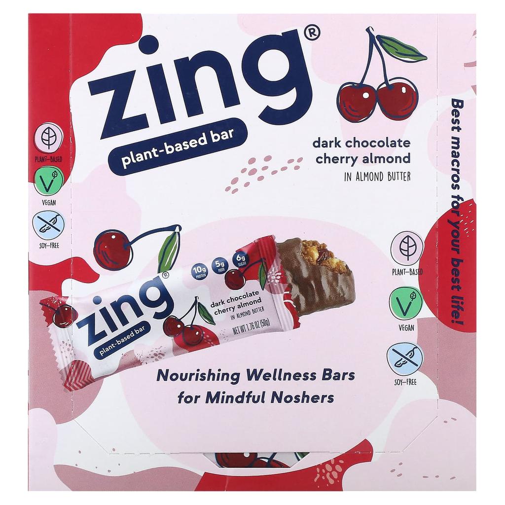 Zing Bars, Vegan Bars, Dark Chocolate Cherry Almond, with Almond Butter, 12 Bars, 1.76 oz (50 g) Each