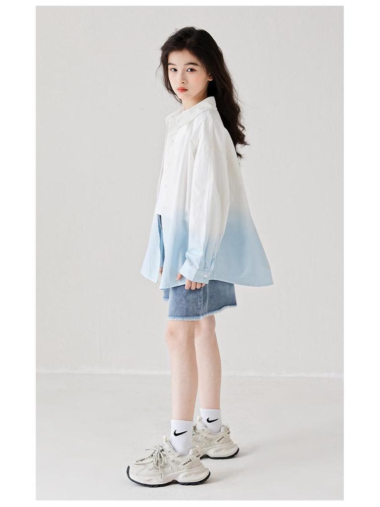 Girls' Trendy Gradient Long-Sleeve Cotton Shirt - Spring/Summer 2025, Medium/Large, Lapel Cardigan, Parent-Child Matching.