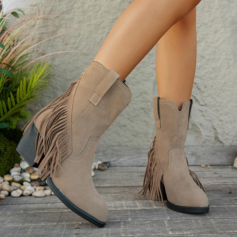 Ретро Бахрома Замшевые Вестерн Ковбойские Сапоги Женские 2025 Зима Сексуальный Острый Носок Высокий Каблук Ботильоны Женские Дизайнерские Короткие Ботильоны