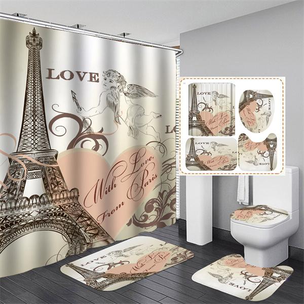 HOT 4PCS Paris Eiffel TowerWaterproof Shower Curtain Bathroom Toilet Seat Cover Mat Home Room Carpets Rugs Bath Mat