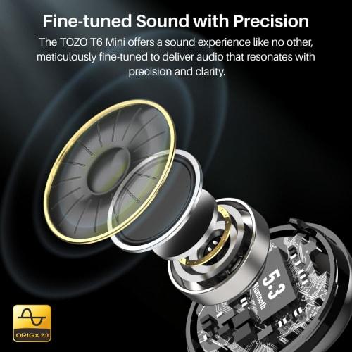 Беспроводные наушники TOZO T6, Bluetooth 5.3, Внутриканальные, Глубокий бас, Теплое качество звука, Беспроводная зарядка, Водонепроницаемость IPX8, Настраиваемый эквалайзер, Совместимость с приложением, Мощные