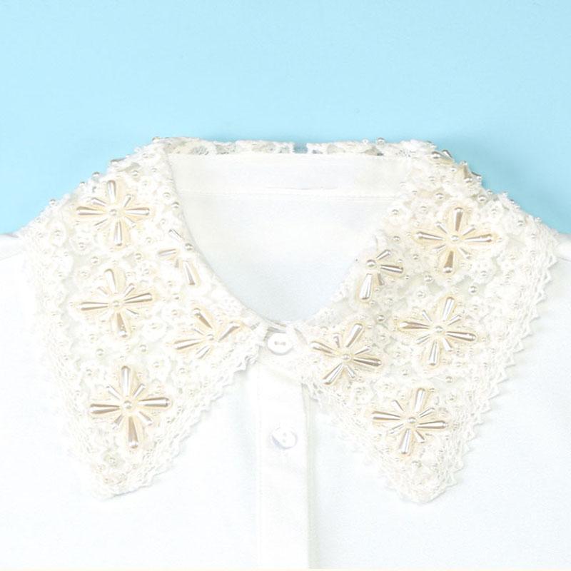 Elegant White Fake Collar Woman Beads Detachable Collar Fake Women Vintage Crystal Chiffon Ladies False Blouse Collar Half Shirt