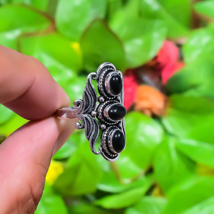 Кольцо из серебра 925 пробы с драгоценным камнем черного оникса ручной работы, размер 6 m7h59