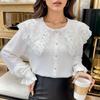 Темпераментные белые топы с бисером, модная простая кружевная рубашка с воротником Питера Пэна, милая блузка с фонариком и рюшами, блузка с длинными рукавами Blusas 29724