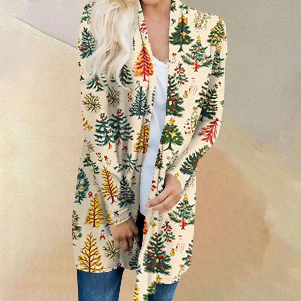 Женская мода повседневная куртка-кардиган средней длины с принтом рождественской елки