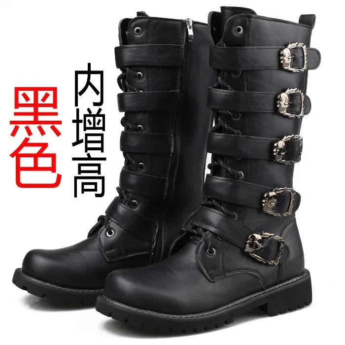 Winter Men Motorcycle Boots Fashion Mid-Calf Punk Rock Punk Shoes Mens PU Leather Black High Top Casual Boot Man