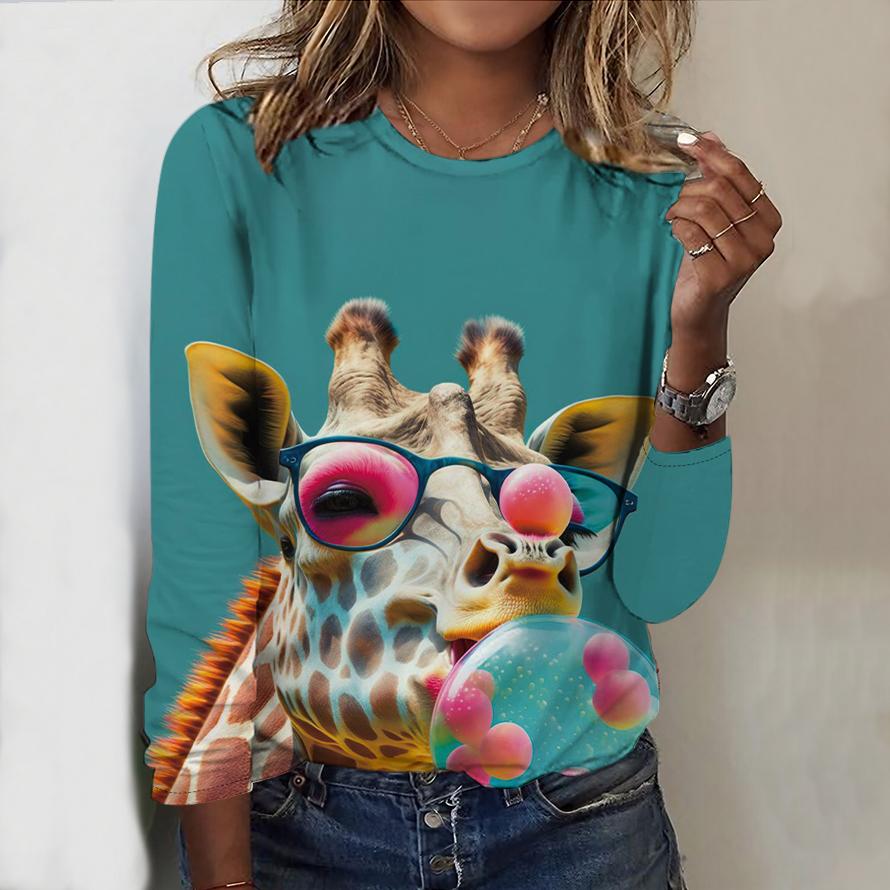Топы для женщин с принтом радужного жирафа, круглым вырезом и длинным рукавом, футболка, осенний повседневный тонкий пуловер, женский топ с длинным рукавом