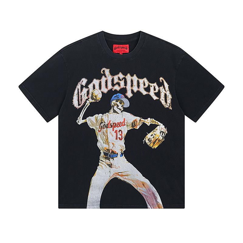 Cross-border trendy brand GS Skull Band Alphabet Printing Washing Water Short Sleeve Loose T-Shirt Men's and Women's High Street Retro Half Sleeve