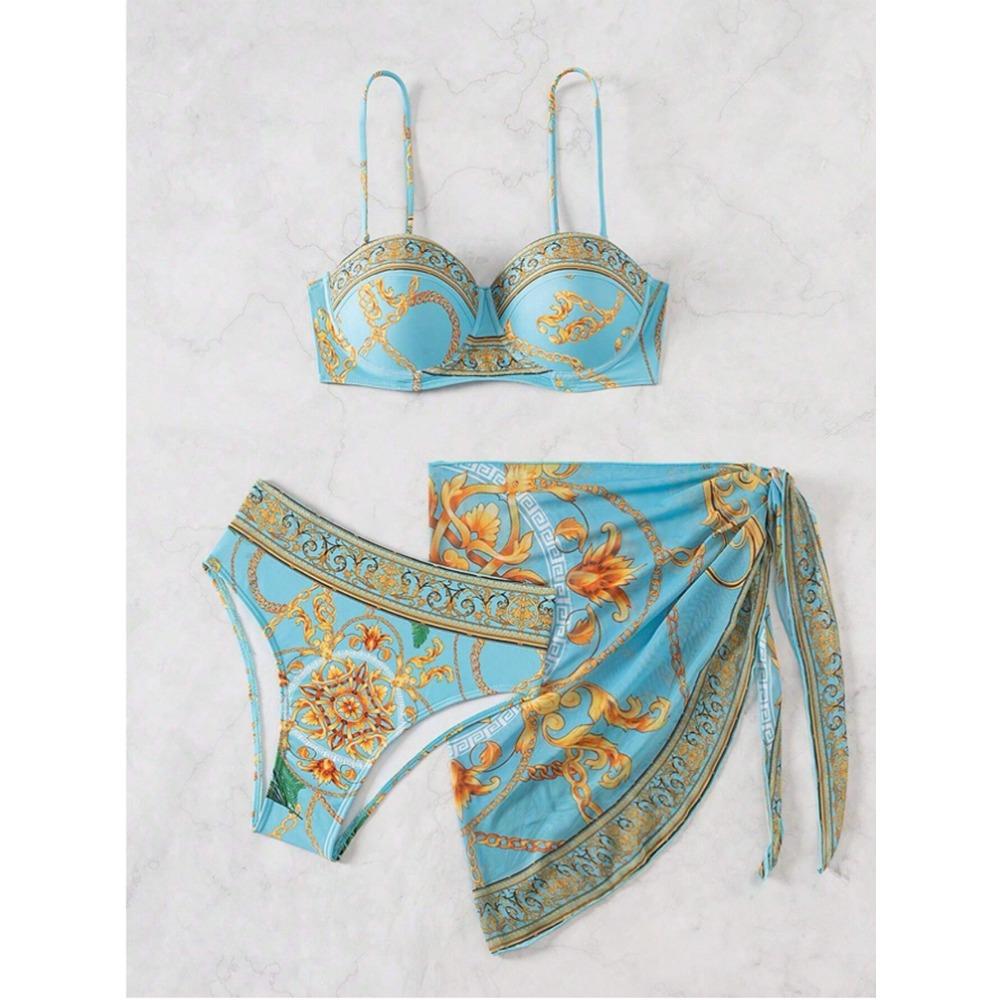 Европейский и американский новый цельный купальник с принтом на спине, женский бикини из трех частей