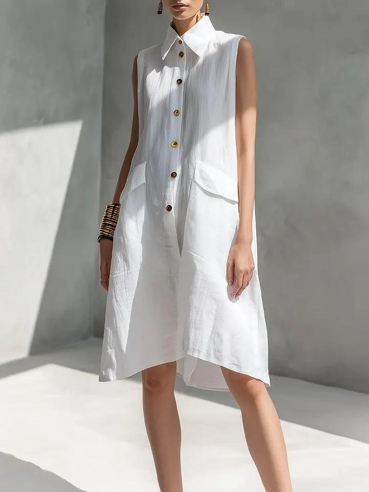 New 2026 European Summer Solid Color Sleeveless Cotton Linen Lapel Dress