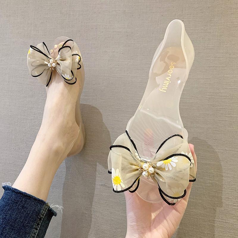 Fashion Ballet Flats Sandals Women Shoes with Bow PVC Jelly Sandals Summer 2025 Elegant Fashion Beach Ladies Slippers Beach Casual Shoes