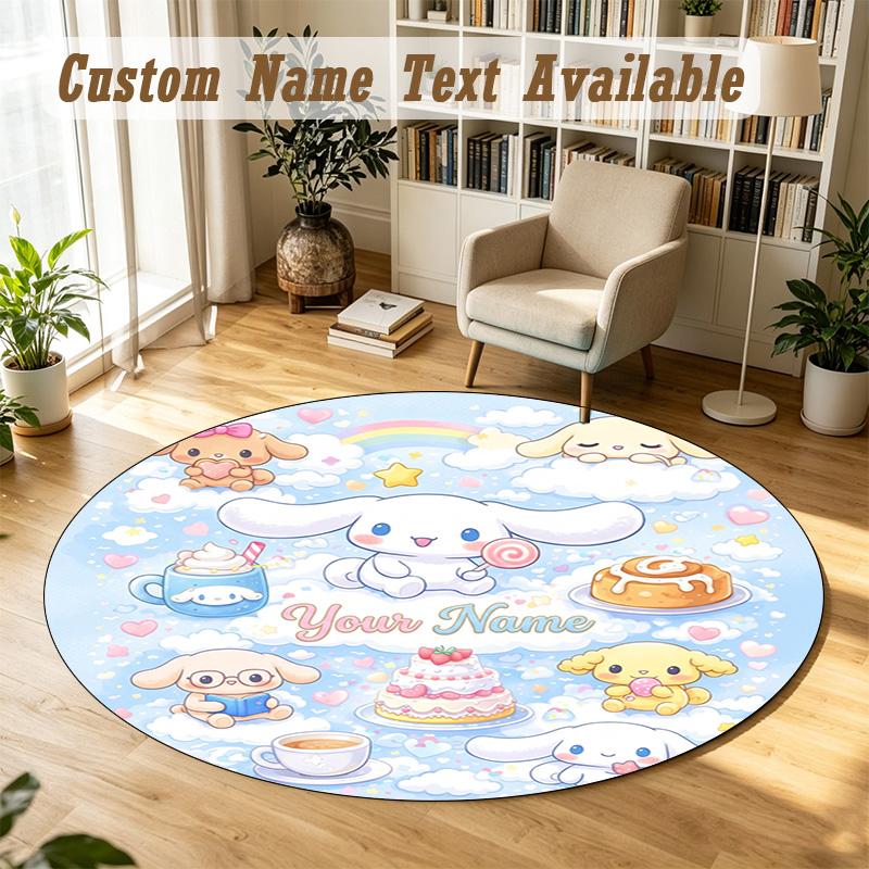 Cinnamoroll Personalized Round Rug Support Custom Name, Soft Home Decor Mat