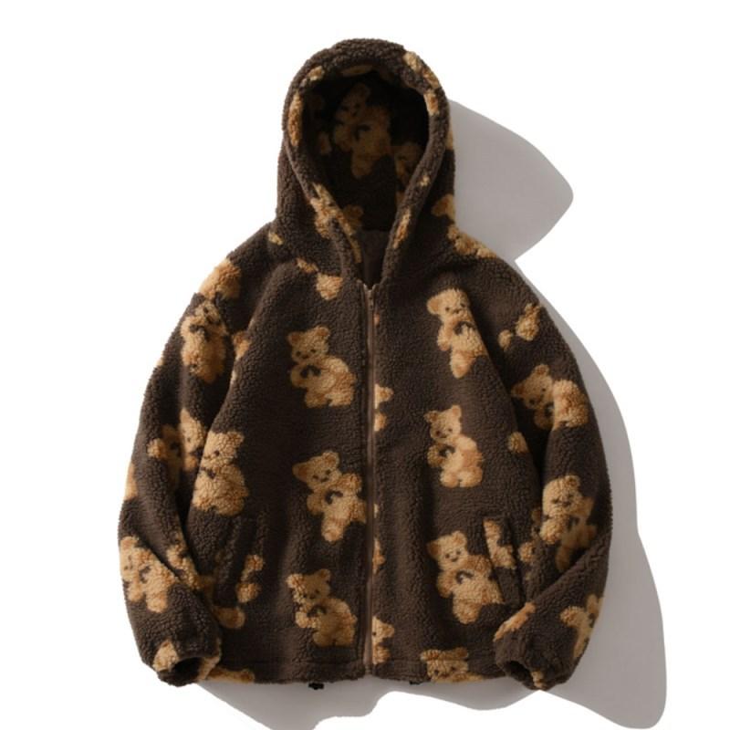 New Cartoon Thick Pattern Bear Print Women Winter Korean Large Size Long Sleeve Hooded Coat Warm Couple Streetwear