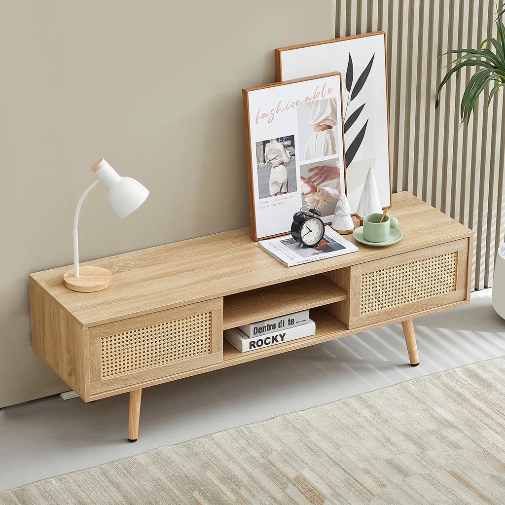 TV Cabinet made of Wicker with Double Sliding Doors, Storage Space, Adjustable Shelves and Solid Wood Legs. Natural Wood Look – H45/W1400/D40 cm