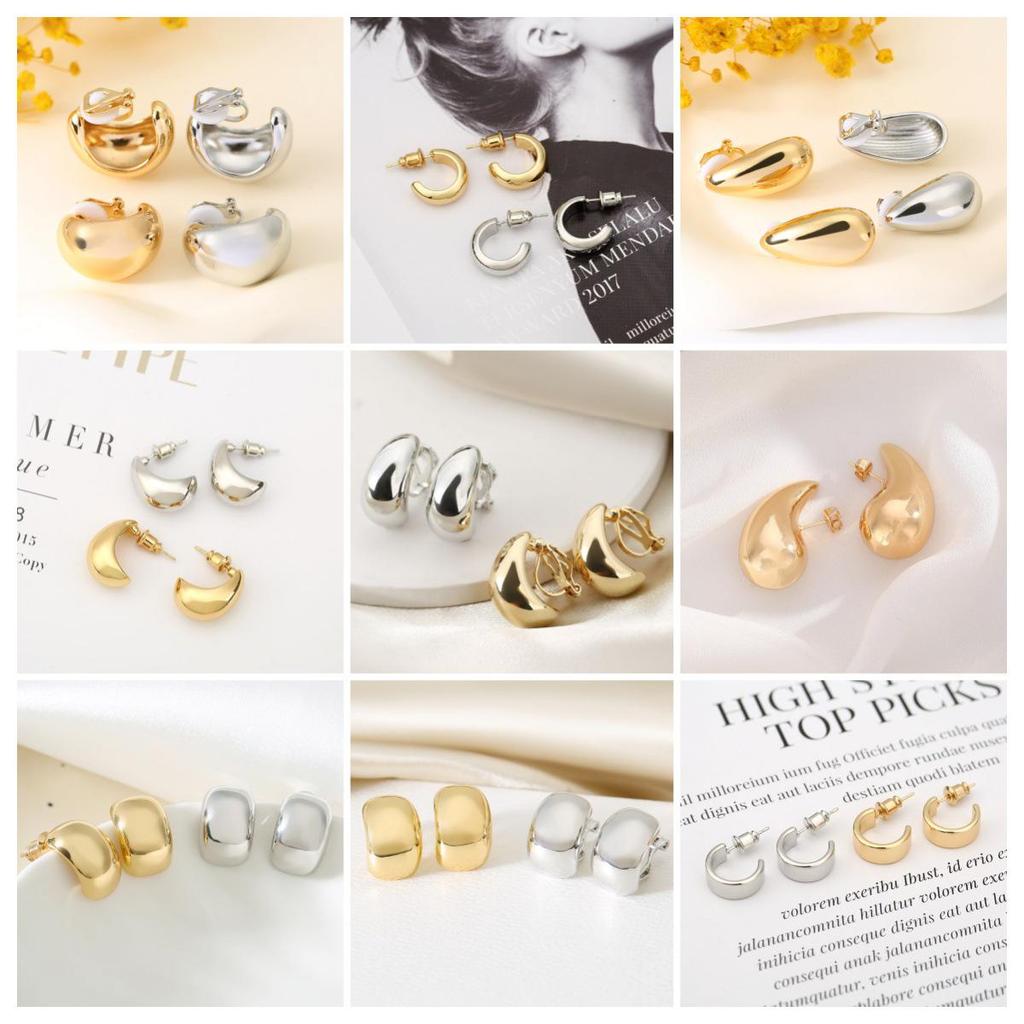 Trendy Water Drop C-Shaped Lightweight Stud Earrings with Versatile Bean Ear Cuffs