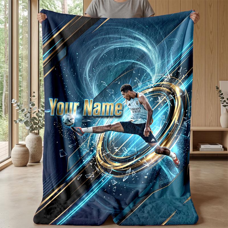 Jude Bellingham Custom Name Text Flannel Blanket Soccer Logo Personalized Fleece Throw Blanket Special Gift For Sofa Bedroom Home