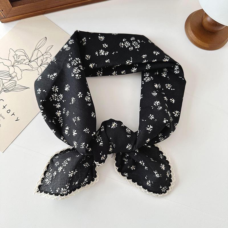 70% Cotton Linen Small Square Silk Scarf - Korean Style Floral Design for Versatile Neckwear and Decorative Use