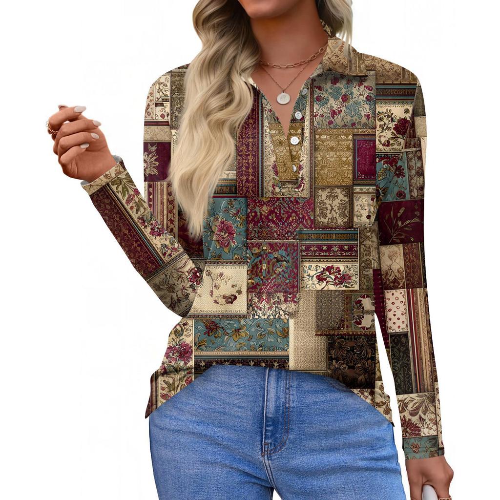 Women's Fashion Casual Lapel Short Long Sleeve Print Shirt Women's Button Up Tops