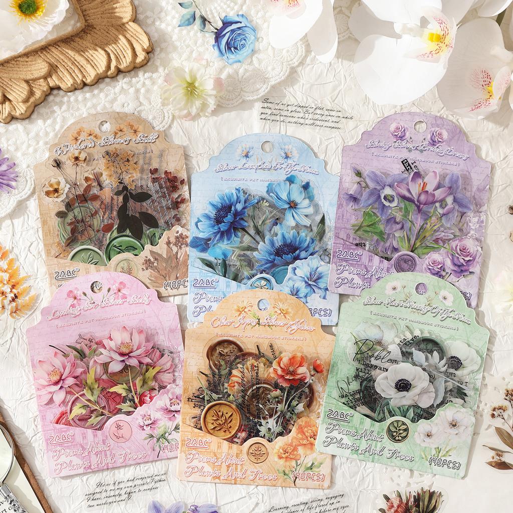JIAMEI 40pcs Creative Flower Aesthetics Waterproof PET Stickers DIY Diary Scrapbook Decor Journal Supplies