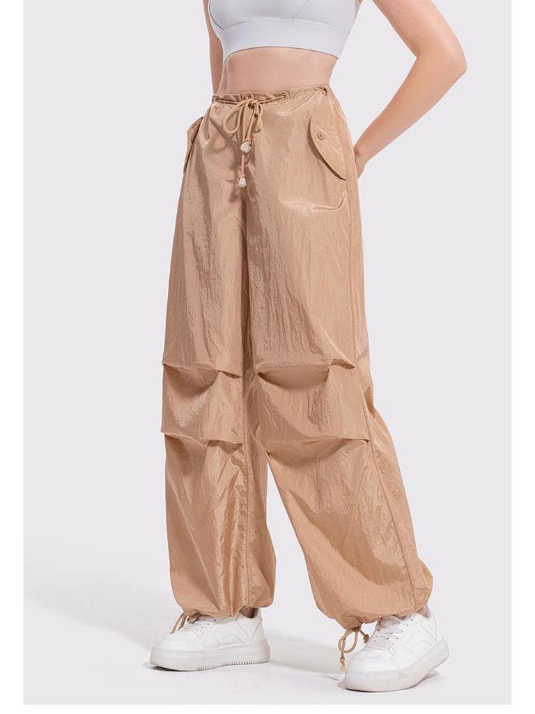 Women's Y2K Wide-Leg Cargo Pants with Drawstring - Slimming American Parachute Design for Casual Sport.