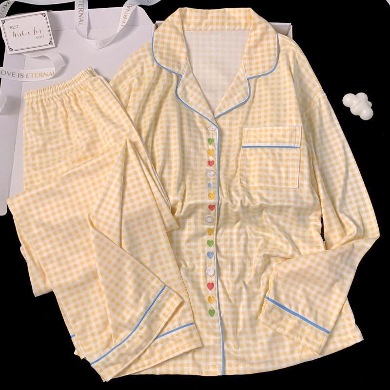 Sweet Embroidered Heart Pajama Set Women Long Sleeve Pant Small Plaid Loungewear
