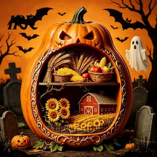Halloween Cobweb Decorations Centerpiece Pumpkin, Wooden Pumpkin Ornament with Miniature Scenes, Rustic Ornaments Skeleton for Farmhouse Home