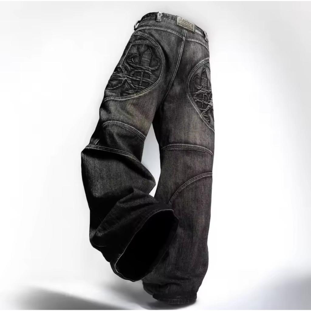 RogueWave Streetwear Washed Retro Baggy Jeans Goth Hip-hop Personality Harajuku Trendy Black Straight Pant Y2K Wide Leg Pants Unisex