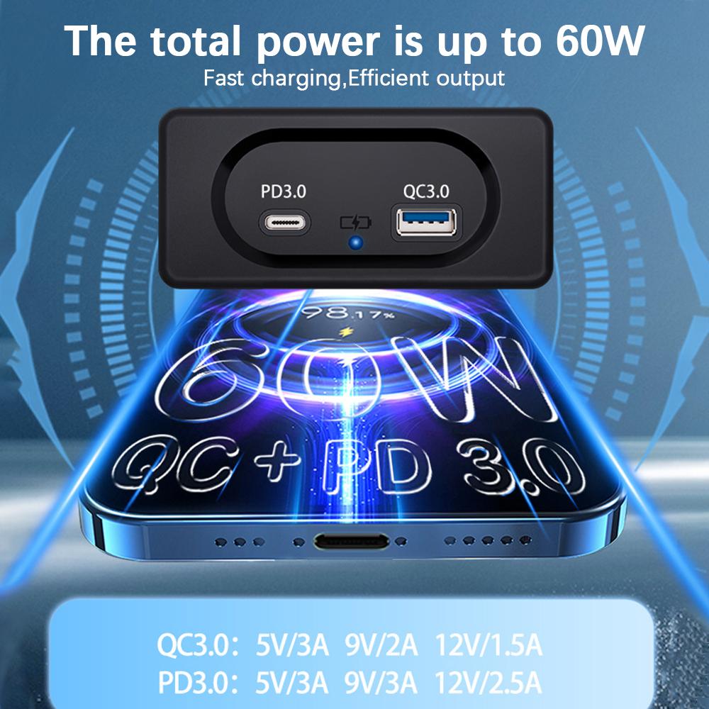 PD3.0 Type-C Port Adapter Car USB Outlet Dual USB Charger Outlet Quick Charge Panel Wall Mount LED Light 12/24V For Camper Caravan Boat Bus Truck