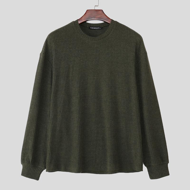 INCERUN Осенние мужские пуловеры кэжуал с круглым вырезом, длинными рукавами и текстурным рубчиком