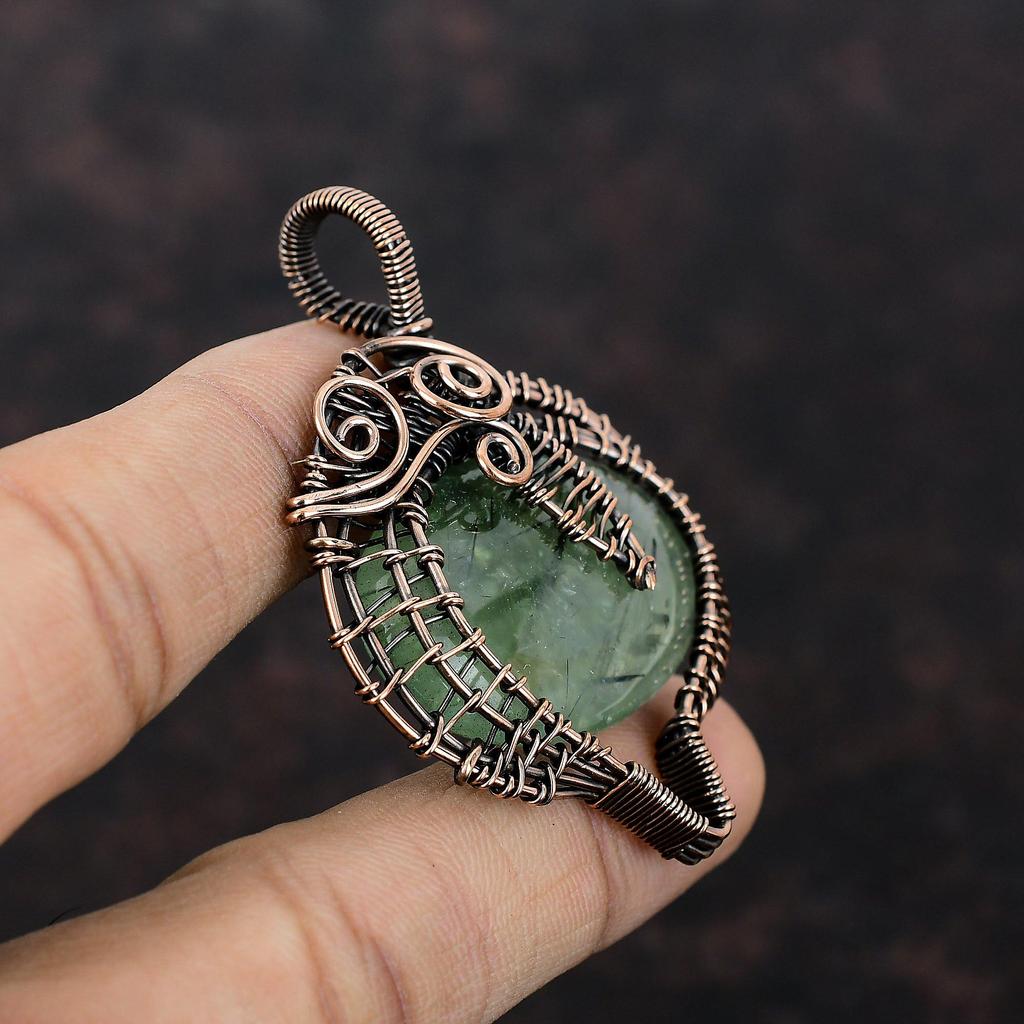 Подвеска из мха и пренита, подвеска из медной проволоки, ручная работа, подвеска из настоящего драгоценного камня, ювелирное изделие, обернутое медной проволокой, уникальный кулон, подарок для жены