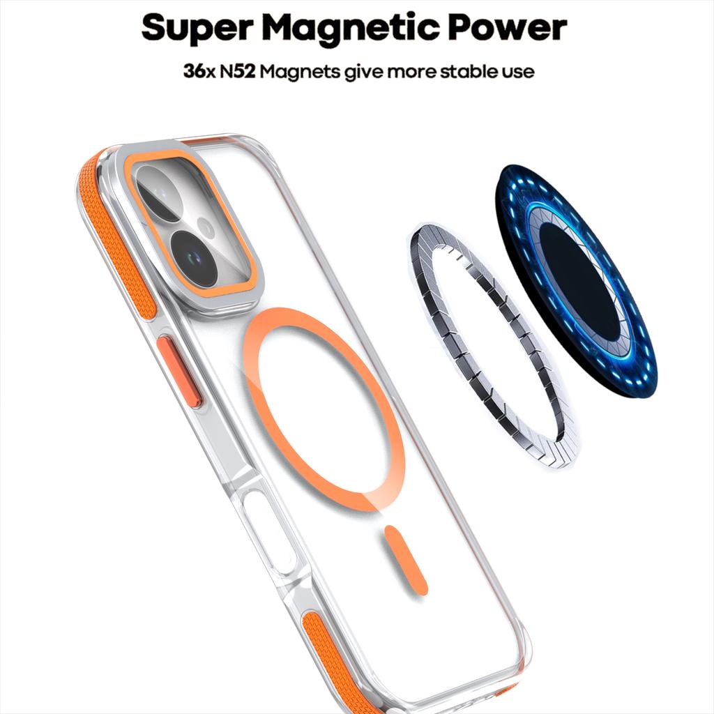 For iPhone 17 Magnetic Case TPU Acrylic Clear Phone Back Cover with Lens Protector Kickstand