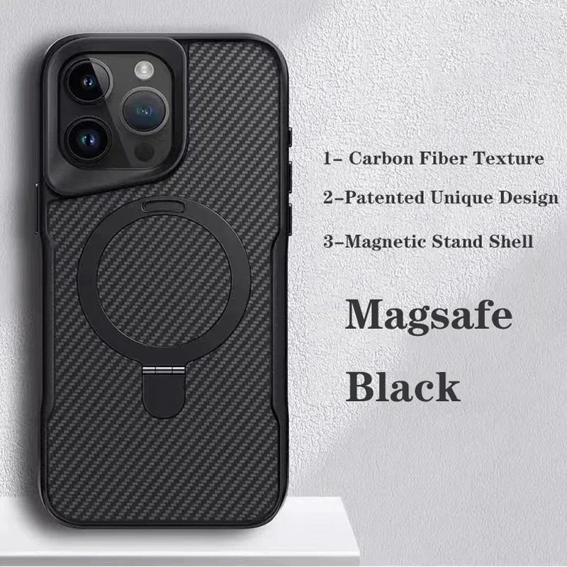 Luxury Soft Rubber Frame Magsafe Phone Case For iPhone 13 15 12 14 16 Pro Max Metal Bracket Carbon Fiber Textured Backplate Cover