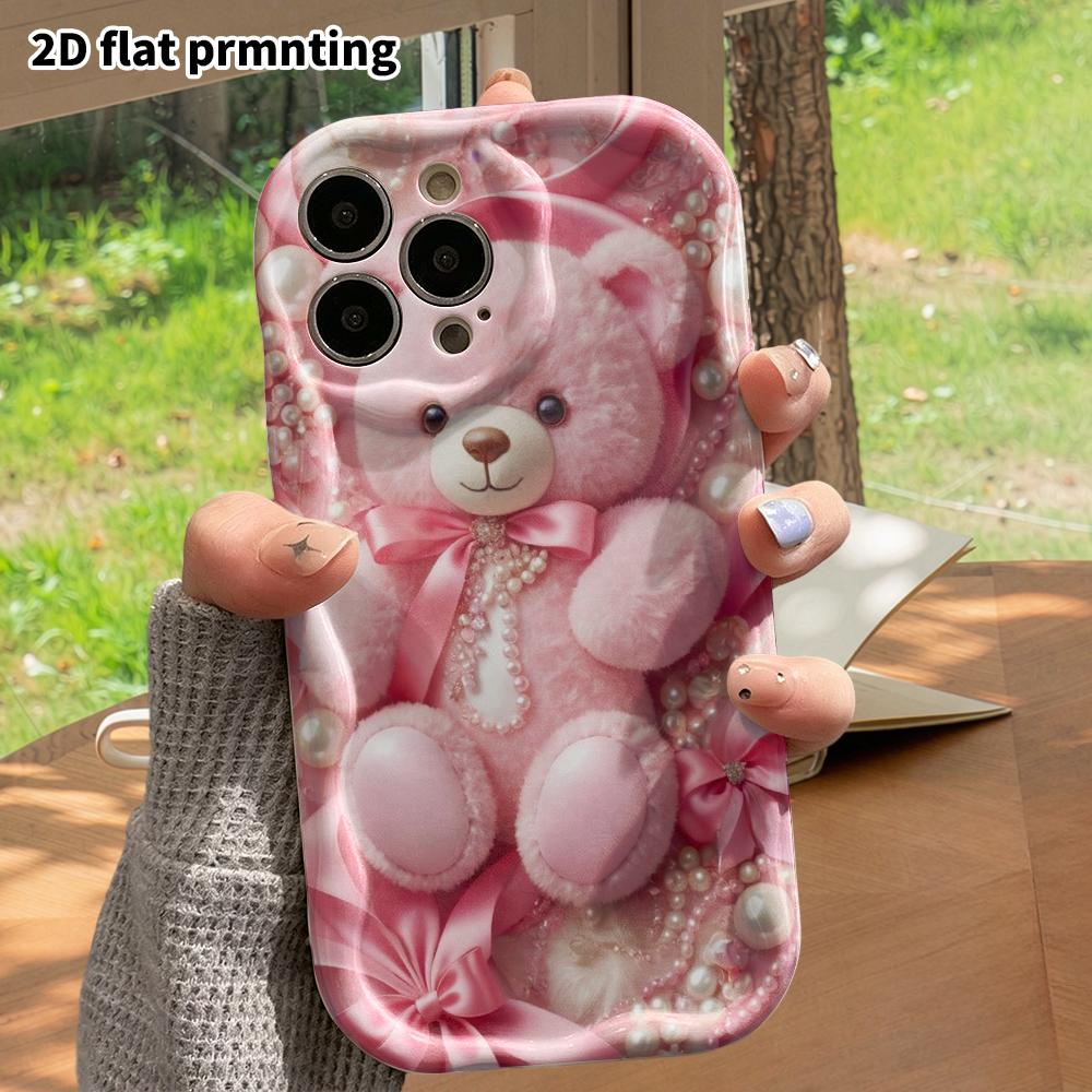 Phone Case: 2D flat, fits iPhone 12–18 Pro, phone accessory, pink plush bear, perfect for Christmas and Halloween gifts