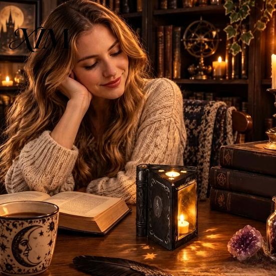Pillar Candle Stand Metal Magic Book Box with Light, Lighted Holder Ornament, Elegant Interior Decor Decorative for Living Room Bedroom Office