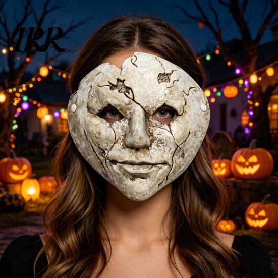 Retro Old Style Horror Mask Halloween Cracked Face Mask, Breathable Lightweight Foam Eye Hole Creepy with Adjustable Strap Scary Props, for