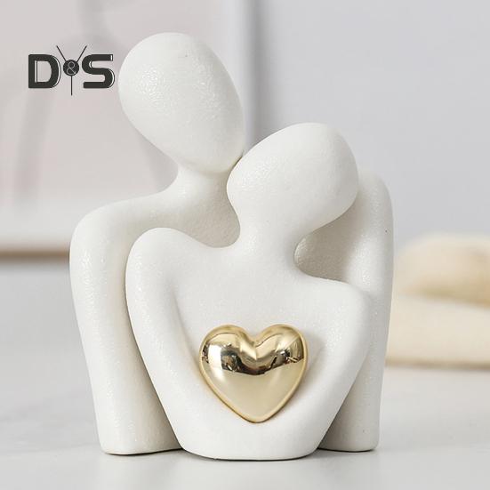 Ceramic Couple Hug Figurine with Golden Love Heart Men Women Embrace Statue Sculpture Living Room Bedroom Desktop Decoration Wedding Anniversary Gifts