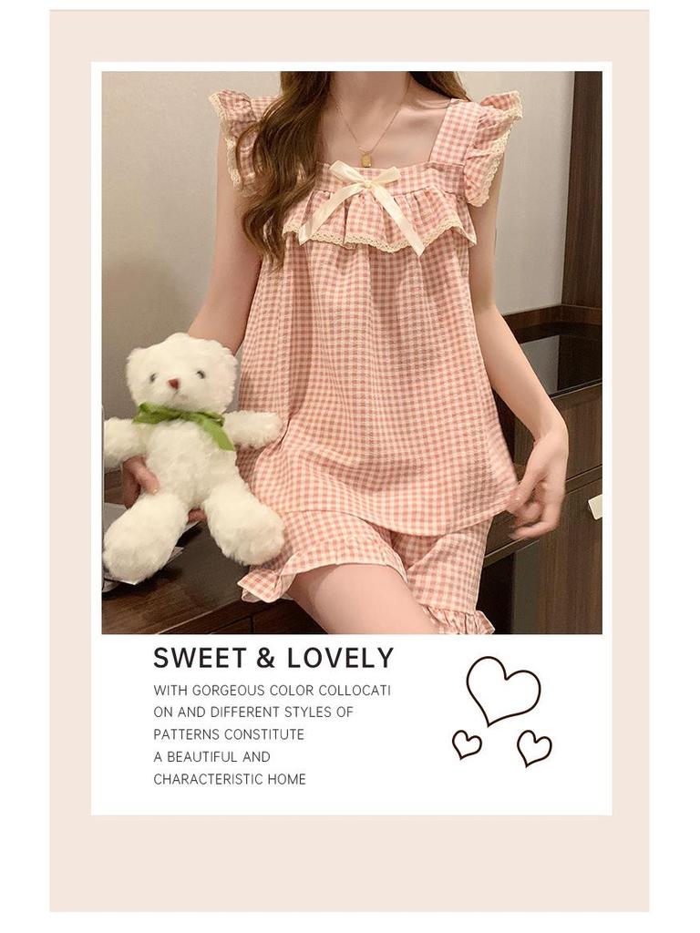 Женский летний пижамный комплект в клетку с пузырчатой текстурой и фиксированными нагрудными вкладышами - Милая и симпатичная домашняя одежда, подходящая для ношения на улице