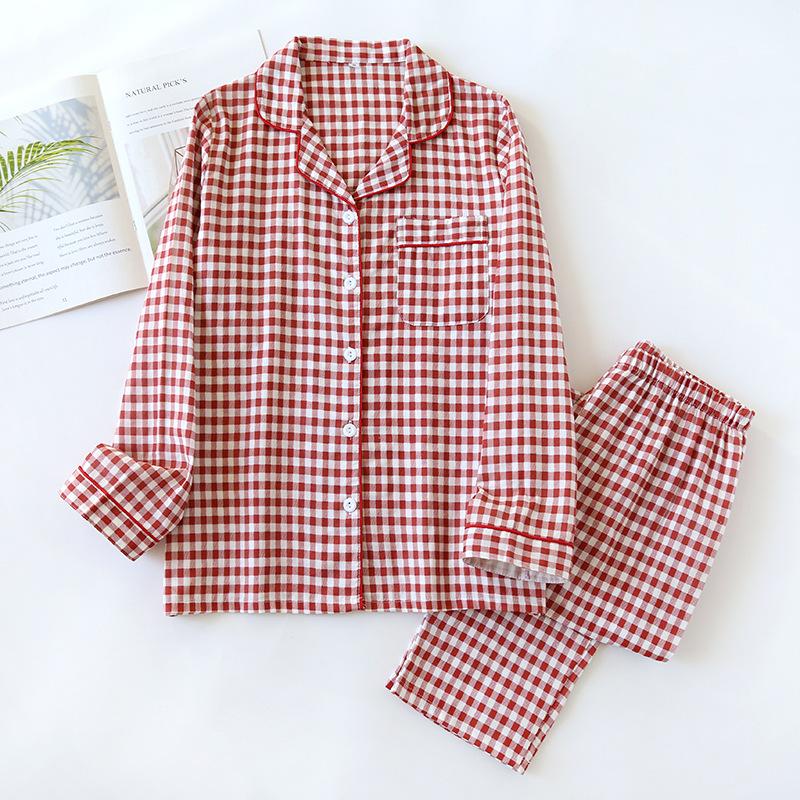 Spring/Summer Couple Pajama Set Cotton Double Layer Gauze Men's and Women's Japanese Plaid Set Long Sleeved