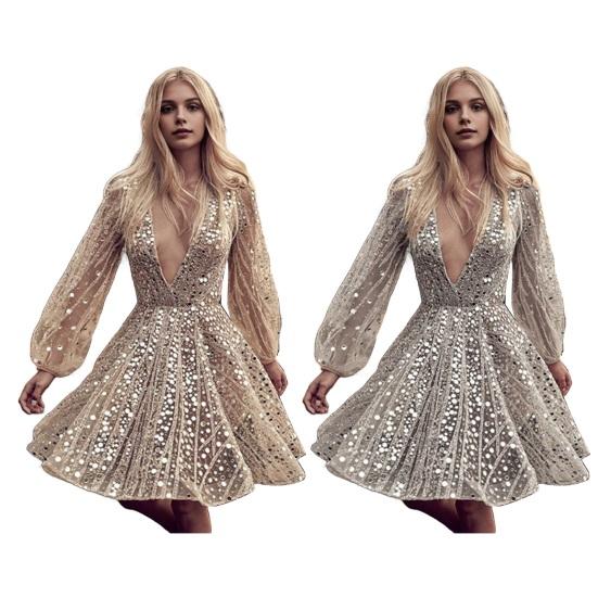 Вечернее платье с глубоким V-образным вырезом, прозрачным сетчатым платьем А-силуэта, коротким платьем с длинными рукавами-фонариками для выпускного вечера и коктейльной вечеринки