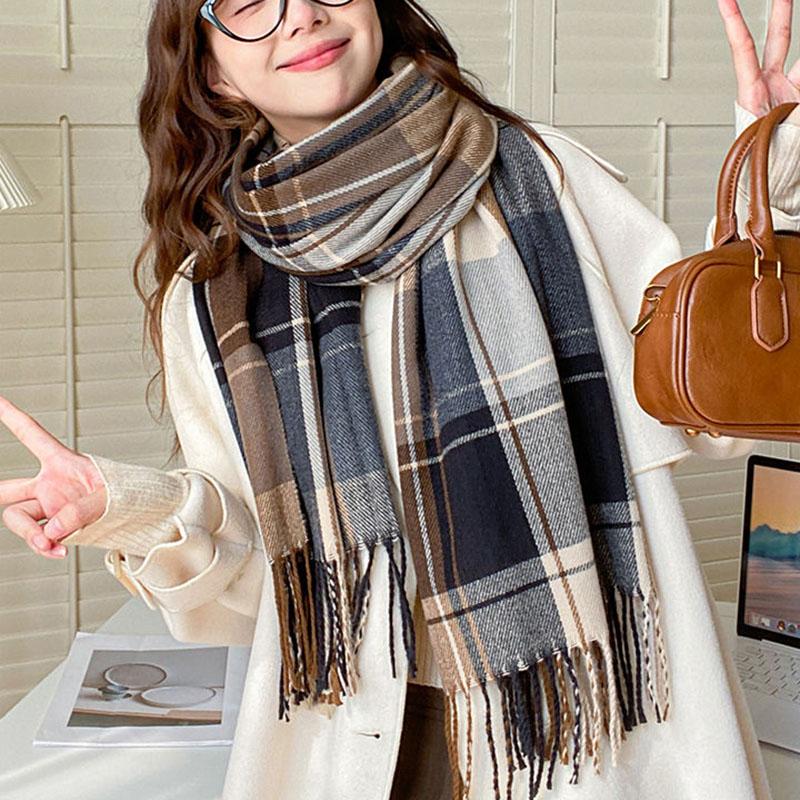Зимний клетчатый шарф-имитация, шаль, уличный принтованный шарф средней длины, милый шарф-имитация, утолщенная теплая шаль