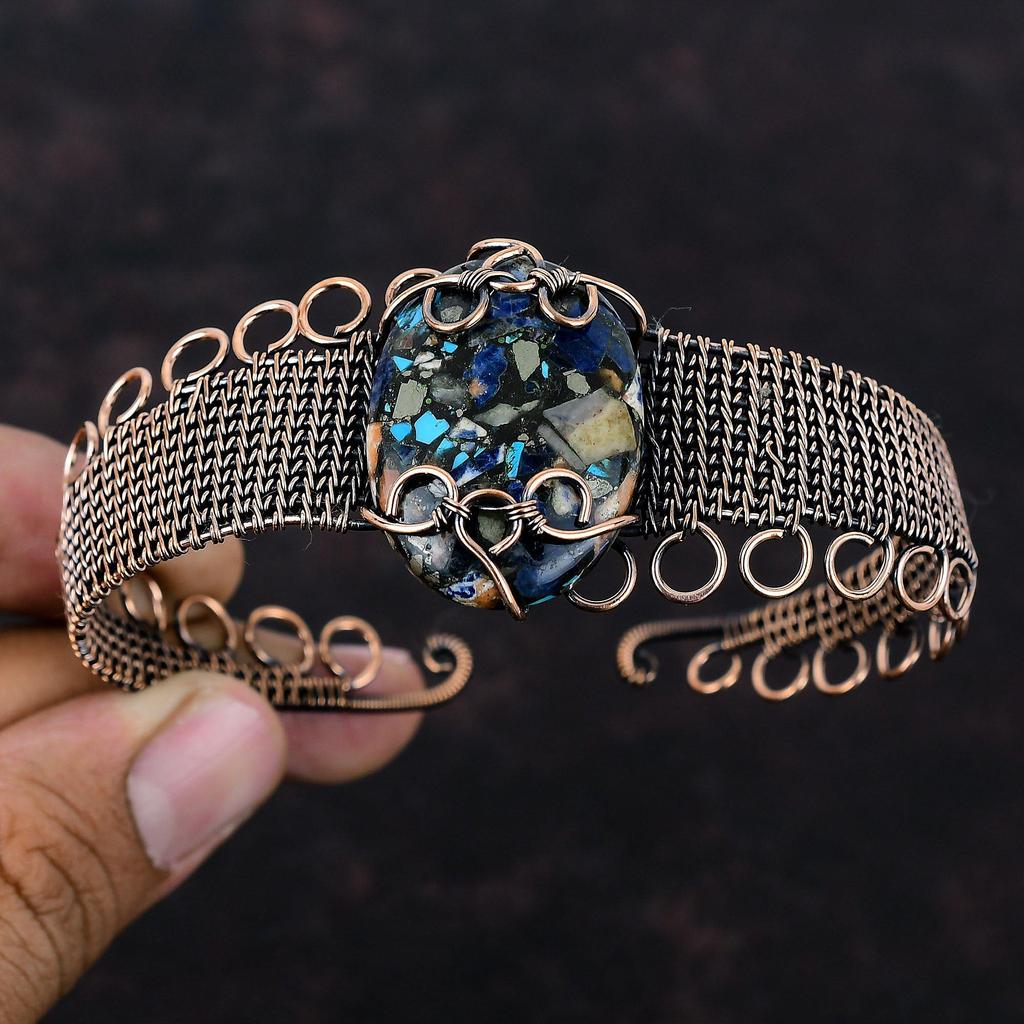 Медный браслет-манжета с мульти-бирюзой, медный браслет-манжета с обмоткой из медной проволоки и драгоценными камнями, регулируемый браслет-манжета, медные украшения для подарка, украшения ручной работы