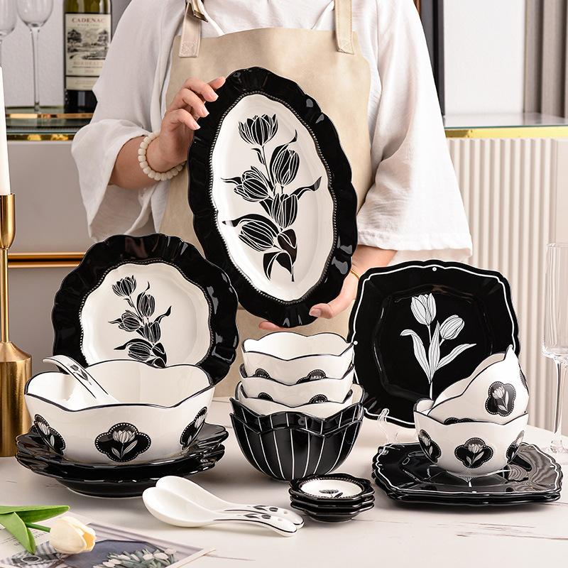 Vintage Tulip Ceramic Tableware, Bowls, Plates, and Household High-end Black and White Series Tableware